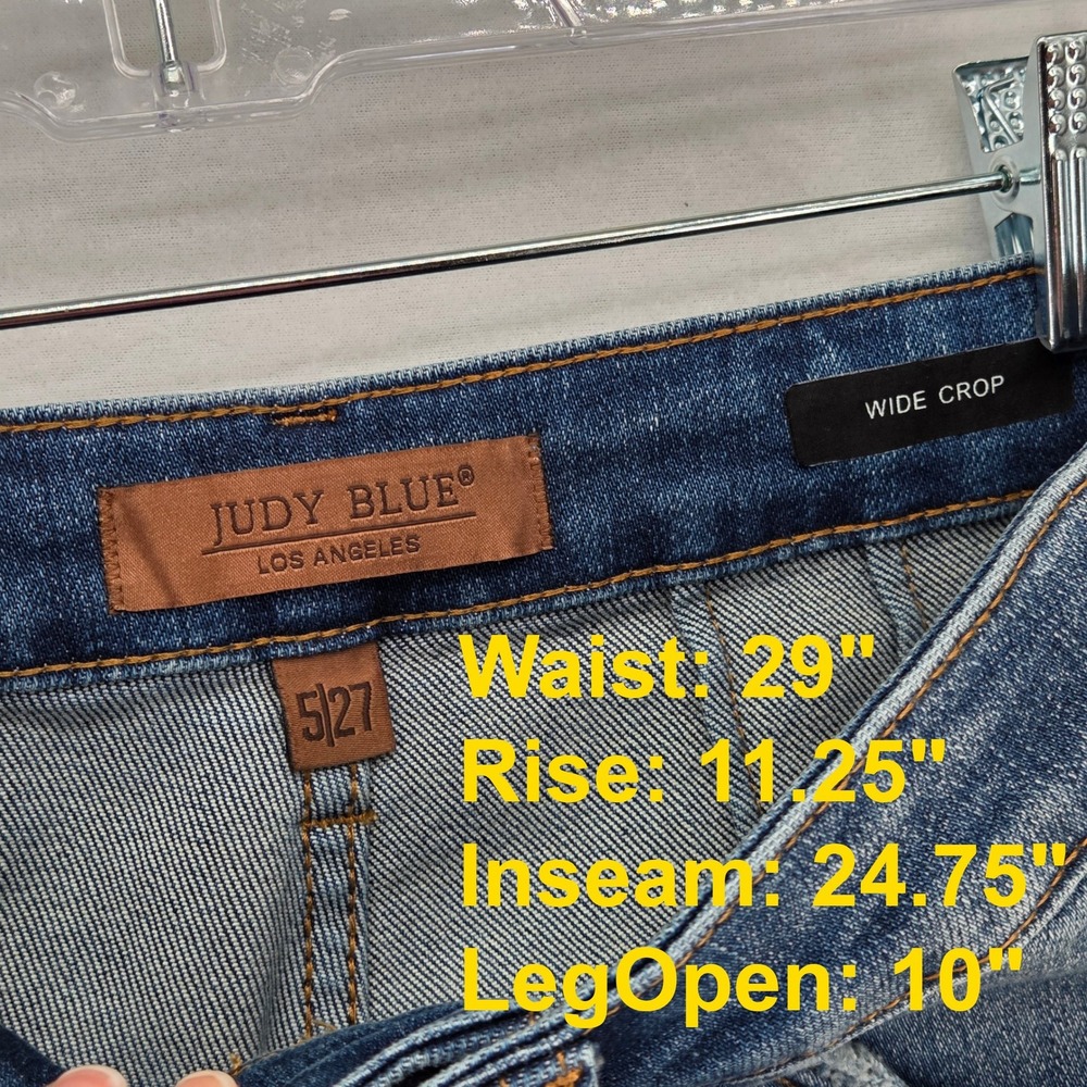 Judy Blue Women 27 / 5 Wide Crop Denim Jeans Blue Whiskering Patch‎ Pockets - Picture 4 of 5